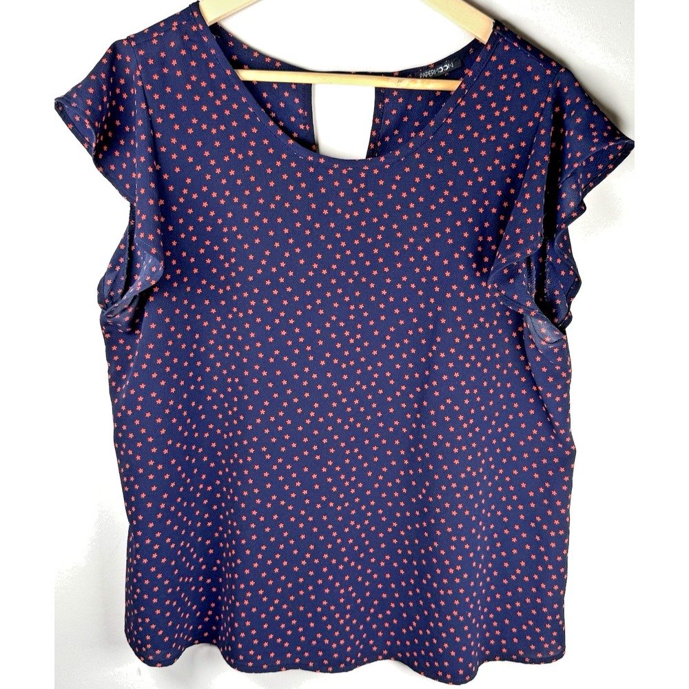 Paper Moon Flutter Short Sleeve Navy‎ Blue Red Stars Keyhole Back Womens XL